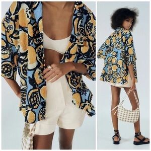 Zara Women’s Citrus Lemon Button Down Short Sleeve Top Size XS Capri Coastal